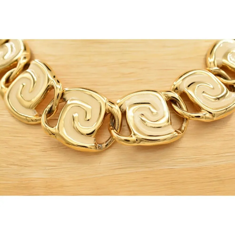 Vintage Cream Enamel Swirl Statement Necklace Collar Gold Chunky Heavy 80s BinY